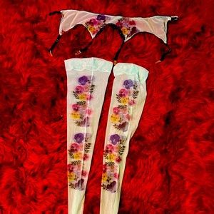 Uye Surana floral garter belt and stockings never worn. S L
